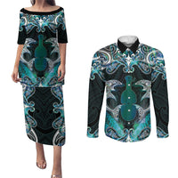 New Zealand Kotiate Weapon Couples Matching Puletasi and Long Sleeve Button Shirt Aotearoa Mango Paua Shell Maori Pattern LT22 Blue - Polynesian Pride