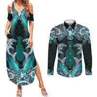New Zealand Kotiate Weapon Couples Matching Summer Maxi Dress and Long Sleeve Button Shirt Aotearoa Mango Paua Shell Maori Pattern LT22 Blue - Polynesian Pride