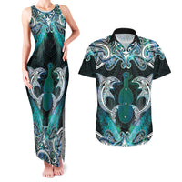 New Zealand Kotiate Weapon Couples Matching Tank Maxi Dress and Hawaiian Shirt Aotearoa Mango Paua Shell Maori Pattern LT22 Blue - Polynesian Pride