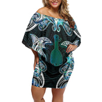 New Zealand Kotiate Weapon Off Shoulder Short Dress Aotearoa Mango Paua Shell Maori Pattern LT22 Women Blue - Polynesian Pride