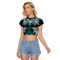 New Zealand Kotiate Weapon Raglan Cropped T Shirt Aotearoa Mango Paua Shell Maori Pattern