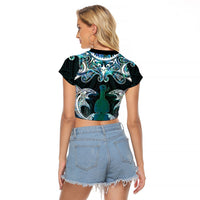 New Zealand Kotiate Weapon Raglan Cropped T Shirt Aotearoa Mango Paua Shell Maori Pattern