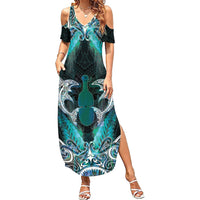 New Zealand Kotiate Weapon Summer Maxi Dress Aotearoa Mango Paua Shell Maori Pattern LT22 Women Blue - Polynesian Pride