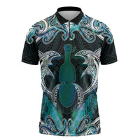 New Zealand Kotiate Weapon Zipper Polo Shirt Aotearoa Mango Paua Shell Maori Pattern LT22 Blue - Polynesian Pride