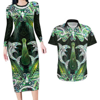 New Zealand Mere Pounamu Weapon Couples Matching Long Sleeve Bodycon Dress and Hawaiian Shirt Aotearoa Mango Paua Shell Maori Pattern