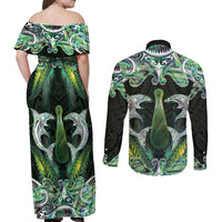 New Zealand Mere Pounamu Weapon Couples Matching Off Shoulder Maxi Dress and Long Sleeve Button Shirt Aotearoa Mango Paua Shell Maori Pattern