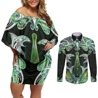 New Zealand Mere Pounamu Weapon Couples Matching Off Shoulder Short Dress and Long Sleeve Button Shirt Aotearoa Mango Paua Shell Maori Pattern LT22 Green - Polynesian Pride