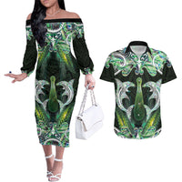 New Zealand Mere Pounamu Weapon Couples Matching Off The Shoulder Long Sleeve Dress and Hawaiian Shirt Aotearoa Mango Paua Shell Maori Pattern