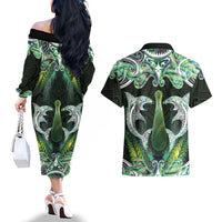 New Zealand Mere Pounamu Weapon Couples Matching Off The Shoulder Long Sleeve Dress and Hawaiian Shirt Aotearoa Mango Paua Shell Maori Pattern LT22 - Polynesian Pride