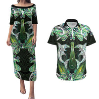 New Zealand Mere Pounamu Weapon Couples Matching Puletasi and Hawaiian Shirt Aotearoa Mango Paua Shell Maori Pattern LT22 Green - Polynesian Pride