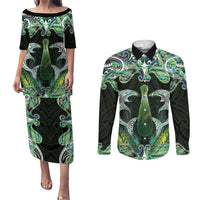 New Zealand Mere Pounamu Weapon Couples Matching Puletasi and Long Sleeve Button Shirt Aotearoa Mango Paua Shell Maori Pattern LT22 Green - Polynesian Pride