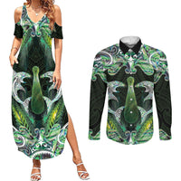 New Zealand Mere Pounamu Weapon Couples Matching Summer Maxi Dress and Long Sleeve Button Shirt Aotearoa Mango Paua Shell Maori Pattern LT22 Green - Polynesian Pride