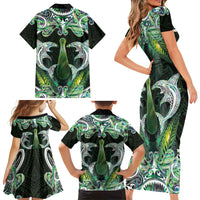 New Zealand Mere Pounamu Weapon Family Matching Short Sleeve Bodycon Dress and Hawaiian Shirt Aotearoa Mango Paua Shell Maori Pattern