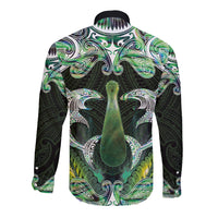 New Zealand Mere Pounamu Weapon Long Sleeve Button Shirt Aotearoa Mango Paua Shell Maori Pattern
