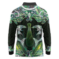 New Zealand Mere Pounamu Weapon Long Sleeve Polo Shirt Aotearoa Mango Paua Shell Maori Pattern
