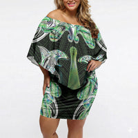 New Zealand Mere Pounamu Weapon Off Shoulder Short Dress Aotearoa Mango Paua Shell Maori Pattern LT22 Women Green - Polynesian Pride