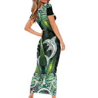 New Zealand Mere Pounamu Weapon Short Sleeve Bodycon Dress Aotearoa Mango Paua Shell Maori Pattern