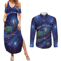 Takahe New Zealand Personalised Couples Matching Summer Maxi Dress and Long Sleeve Button Shirt Harakeke Silver Fern Maori Pattern LT22 Blue - Polynesian Pride