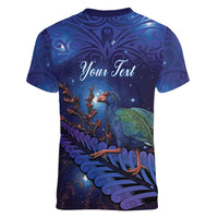 Takahe New Zealand Personalised Women V-Neck T-Shirt Harakeke Silver Fern Maori Pattern LT22 - Polynesian Pride