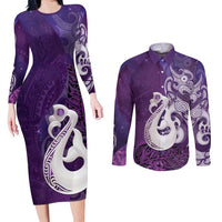 New Zealand Matariki Couples Matching Long Sleeve Bodycon Dress and Long Sleeve Button Shirt Maori Manaia Galaxy Silver Fern Purple Color