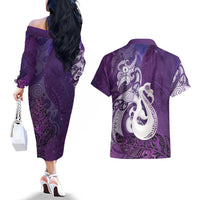 New Zealand Matariki Couples Matching Off The Shoulder Long Sleeve Dress and Hawaiian Shirt Maori Manaia Galaxy Silver Fern Purple Color