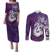 New Zealand Matariki Couples Matching Puletasi and Long Sleeve Button Shirt Maori Manaia Galaxy Silver Fern Purple Color