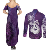 New Zealand Matariki Couples Matching Summer Maxi Dress and Long Sleeve Button Shirt Maori Manaia Galaxy Silver Fern Purple Color