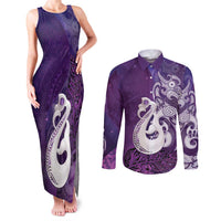 New Zealand Matariki Couples Matching Tank Maxi Dress and Long Sleeve Button Shirt Maori Manaia Galaxy Silver Fern Purple Color