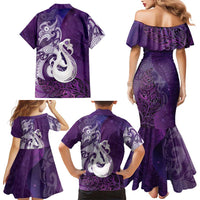 New Zealand Matariki Family Matching Mermaid Dress and Hawaiian Shirt Maori Manaia Galaxy Silver Fern Purple Color LT22 - Polynesian Pride