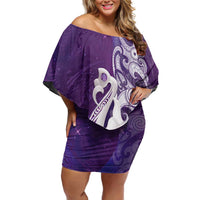 New Zealand Matariki Family Matching Off Shoulder Short Dress and Hawaiian Shirt Maori Manaia Galaxy Silver Fern Purple Color