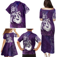 New Zealand Matariki Family Matching Puletasi and Hawaiian Shirt Maori Manaia Galaxy Silver Fern Purple Color