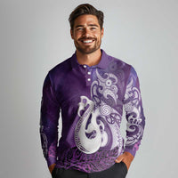 New Zealand Matariki Long Sleeve Polo Shirt Maori Manaia Galaxy Silver Fern Purple Color