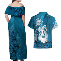 New Zealand Matariki Couples Matching Off Shoulder Maxi Dress and Hawaiian Shirt Maori Manaia Galaxy Silver Fern Blue Color