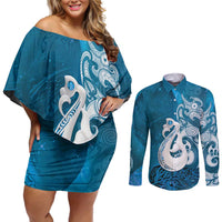 New Zealand Matariki Couples Matching Off Shoulder Short Dress and Long Sleeve Button Shirt Maori Manaia Galaxy Silver Fern Blue Color