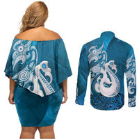 New Zealand Matariki Couples Matching Off Shoulder Short Dress and Long Sleeve Button Shirt Maori Manaia Galaxy Silver Fern Blue Color