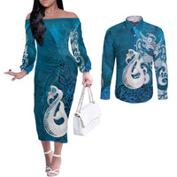 New Zealand Matariki Couples Matching Off The Shoulder Long Sleeve Dress and Long Sleeve Button Shirt Maori Manaia Galaxy Silver Fern Blue Color