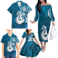New Zealand Matariki Family Matching Off The Shoulder Long Sleeve Dress and Hawaiian Shirt Maori Manaia Galaxy Silver Fern Blue Color LT22 - Polynesian Pride