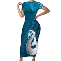New Zealand Matariki Family Matching Short Sleeve Bodycon Dress and Hawaiian Shirt Maori Manaia Galaxy Silver Fern Blue Color LT22 Mom's Dress Blue - Polynesian Pride