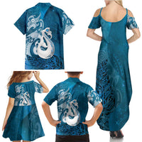 New Zealand Matariki Family Matching Summer Maxi Dress and Hawaiian Shirt Maori Manaia Galaxy Silver Fern Blue Color