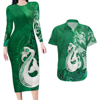New Zealand Matariki Couples Matching Long Sleeve Bodycon Dress and Hawaiian Shirt Maori Manaia Galaxy Silver Fern Green Color