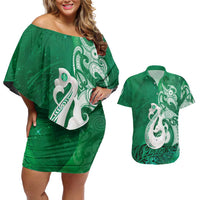 New Zealand Matariki Couples Matching Off Shoulder Short Dress and Hawaiian Shirt Maori Manaia Galaxy Silver Fern Green Color LT22 Green - Polynesian Pride