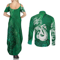 New Zealand Matariki Couples Matching Summer Maxi Dress and Long Sleeve Button Shirt Maori Manaia Galaxy Silver Fern Green Color