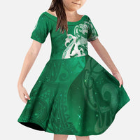 New Zealand Matariki Family Matching Mermaid Dress and Hawaiian Shirt Maori Manaia Galaxy Silver Fern Green Color LT22 Daughter's Dress Green - Polynesian Pride
