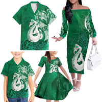 New Zealand Matariki Family Matching Off The Shoulder Long Sleeve Dress and Hawaiian Shirt Maori Manaia Galaxy Silver Fern Green Color LT22 - Polynesian Pride
