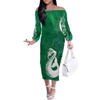 New Zealand Matariki Family Matching Off The Shoulder Long Sleeve Dress and Hawaiian Shirt Maori Manaia Galaxy Silver Fern Green Color LT22 Mom's Dress Green - Polynesian Pride