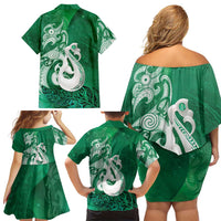 New Zealand Matariki Family Matching Off Shoulder Short Dress and Hawaiian Shirt Maori Manaia Galaxy Silver Fern Green Color