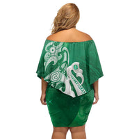 New Zealand Matariki Family Matching Off Shoulder Short Dress and Hawaiian Shirt Maori Manaia Galaxy Silver Fern Green Color