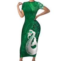 New Zealand Matariki Family Matching Short Sleeve Bodycon Dress and Hawaiian Shirt Maori Manaia Galaxy Silver Fern Green Color LT22 Mom's Dress Green - Polynesian Pride