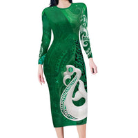 New Zealand Matariki Long Sleeve Bodycon Dress Maori Manaia Galaxy Silver Fern Green Color
