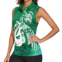 New Zealand Matariki Women Sleeveless Polo Shirt Maori Manaia Galaxy Silver Fern Green Color